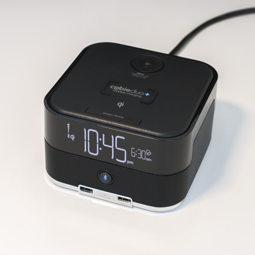 Reloj Despertador Brandstand CubieDuo+ con Carga Inalámbrica y Parlante Bluetooth, Negro